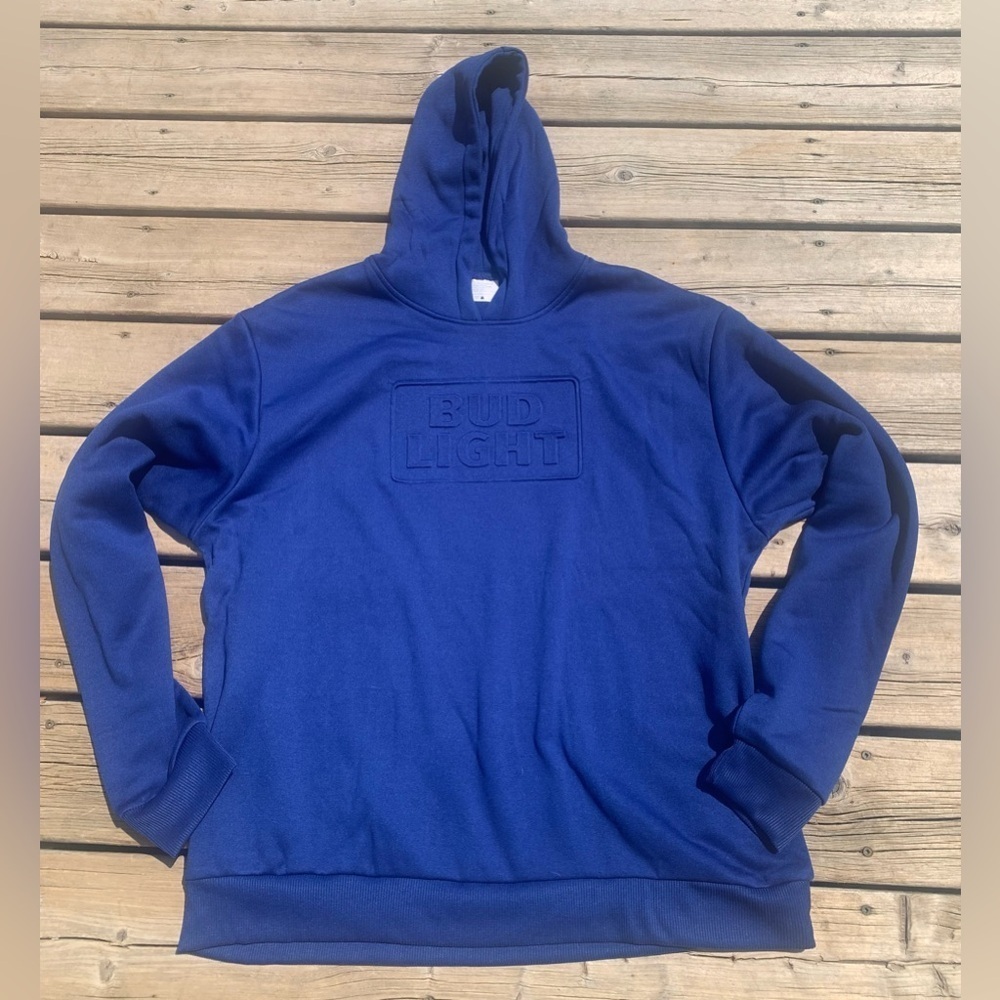 3/$15 Bud Light Embossed Logo Blue Hoodie - Men's XL